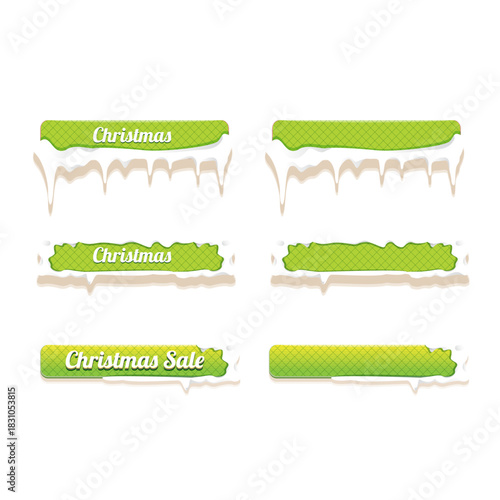 Christmas vector green glossy buttons set isolated on white background. Web green christmas sale buttons with snow, snow flakes, ice border. Winter button collection