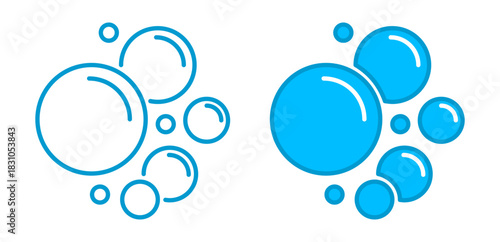 Air bubble icons featuring soap foam, soda bubbles, underwater spheres and transparent water droplets for hygiene and beverage themes.