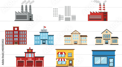 Urban city buildings illustration set featuring factory, school, police station, houses, fire department, shops, and industrial and residential architecture icons