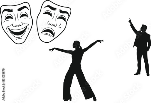 Theater and performance concept illustration featuring comedy and tragedy masks, expressive dancer silhouette, and dramatic actor pose representing acting, drama, and performing arts
