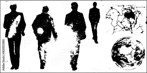 Businessman silhouettes walking towards a world map. Abstract vector illustration showcases professional movement and connection in a set design.