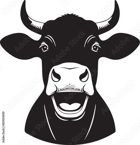 Black and white cow head illustration with open mouth