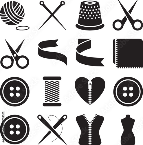 Sewing Items Crafting Accessories with Thread Scissor Needle Button Heart Dressmaking Tailoring Tool Embroidery Needlework Icon Set