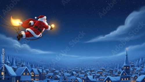 Enchanting Christmas Night Journey: Santa Claus soaring across a winter wonderland scene