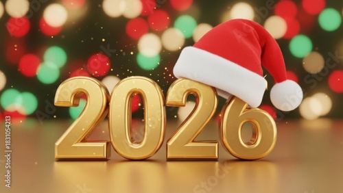 Golden 2026 numerals with Santa's cap symbolize the upcoming New Year festive atmosphere