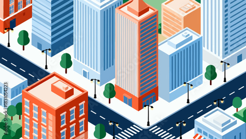 This vibrant isometric illustration depicts a modern cityscape filled with colorful skyscrapers, shops, a central park, and urban infrastructure,