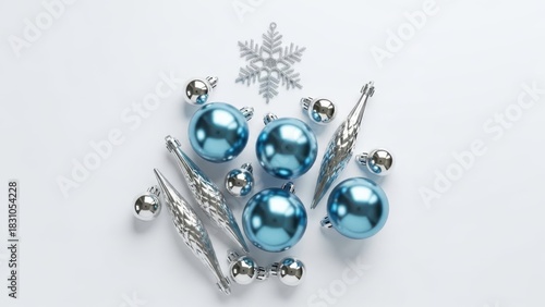 Luminous blue and silver christmas decorations creating a festive winter display