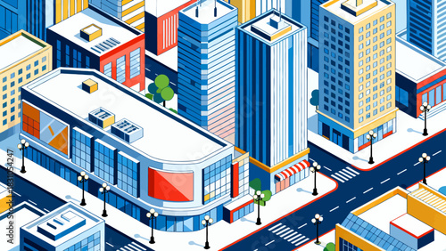 This vibrant isometric illustration depicts a modern cityscape filled with colorful skyscrapers, shops, a central park, and urban infrastructure,
