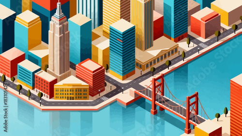 This vibrant isometric illustration depicts a modern cityscape filled with colorful skyscrapers, shops, a central park, and urban infrastructure,