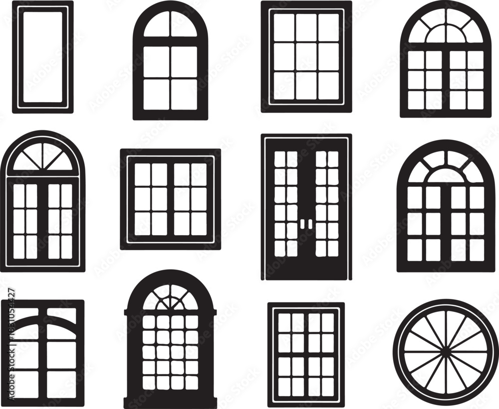Obraz premium Collection of window in black and white vector illustration circle shape for building style