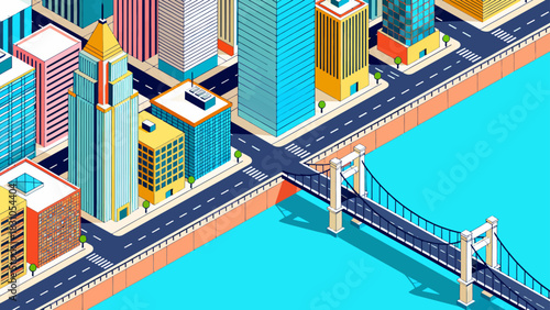 This vibrant isometric illustration depicts a modern cityscape filled with colorful skyscrapers, shops, a central park, and urban infrastructure,