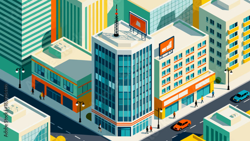 This vibrant isometric illustration depicts a modern cityscape filled with colorful skyscrapers, shops, a central park, and urban infrastructure,