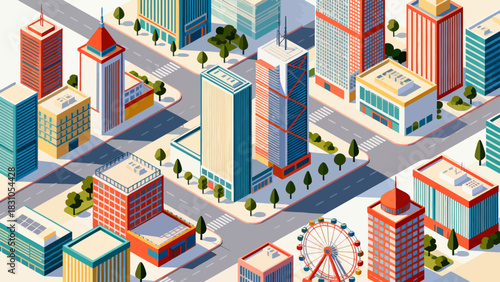 This vibrant isometric illustration depicts a modern cityscape filled with colorful skyscrapers, shops, a central park, and urban infrastructure,