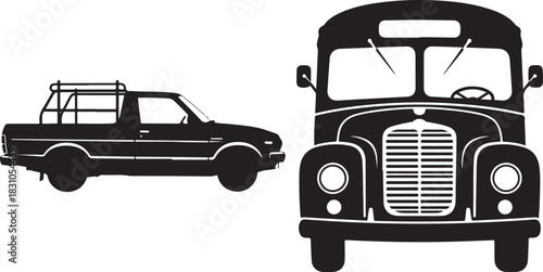 Silhouette of a pickup truck and a bus
