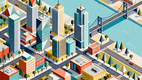 This vibrant isometric illustration depicts a modern cityscape filled with colorful skyscrapers, shops, a central park, and urban infrastructure,