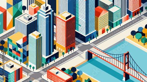 This vibrant isometric illustration depicts a modern cityscape filled with colorful skyscrapers, shops, a central park, and urban infrastructure,
