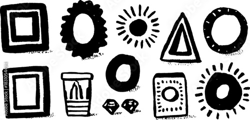 Silhouettes and doodles in a hand-drawn style. Various shapes like triangles, circles, and squares create a modern vector illustration set.