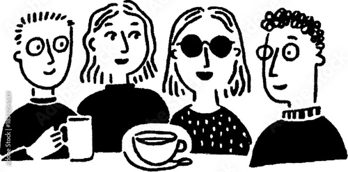 Group of friends enjoying coffee in a simple vector illustration. A colorful set of characters in a relaxed, social setting.
