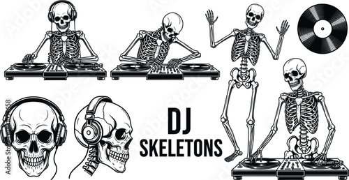 Vintage Monochrome Vector Set of DJ Skeletons Scratching Vinyl Records on Turntables, Skulls Wearing Headphones, and Music Elements