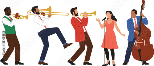 Vector Illustration of a Modern Jazz or Swing Band Ensemble Performing Live with Trumpet, Trombone, Upright Bass, and Female Singer.