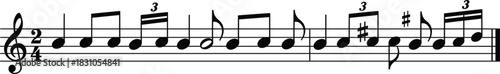 Standard Black and White Music Notation Vector Showing a Melodic Phrase on a Five-Line Staff with Treble Clef, Time Signature, and Rhythmic Markings