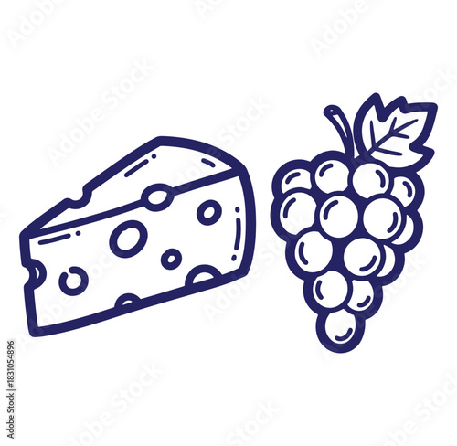 Simple line art illustration of cheese wedge and a bunch of grapes with a leaf