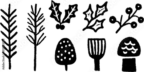 Black foliage vector illustration featuring various plant elements in a simple design. This set captures nature-inspired graphics effectively.