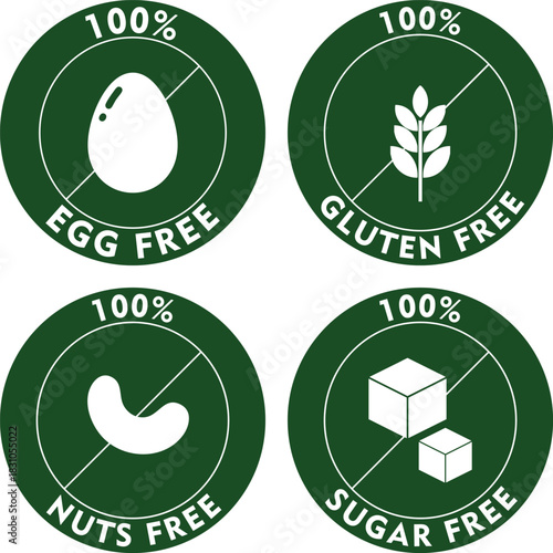 Set of food allergen icons egg free gluten free nuts free and sugar free simple vector design element for packaging and labels iso