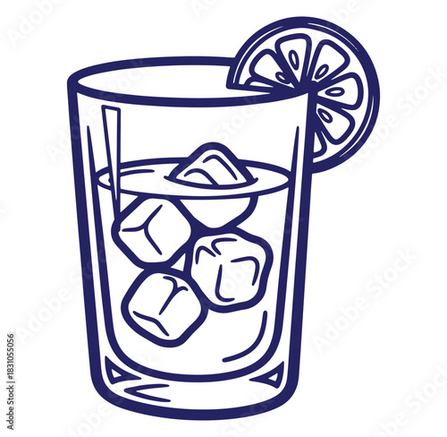 Simple outline illustration of a refreshing cocktail with ice cubes and a citrus garnish