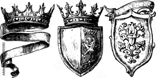 Royal crown and ornate shields with decorative ribbons. Vintage vector illustration showcasing intricate details in classic style.