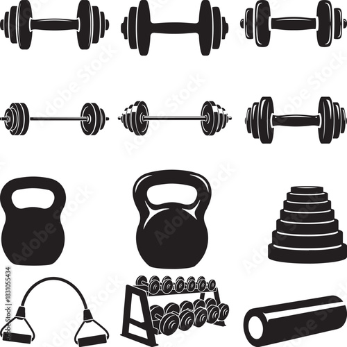 Fitness equipment silhouettes dumbbells kettlebells and resistance bands
