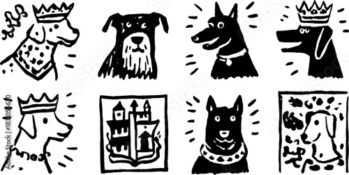 Vector illustration of cartoon dogs with crowns and playful expressions. Simple black and white artwork set.