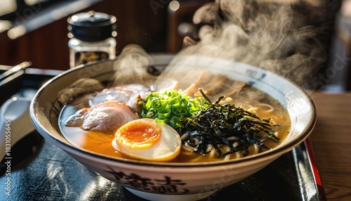 Delicious steaming bowl of ramen with egg and green onions