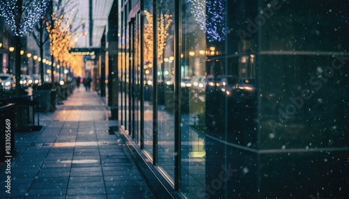Winter Evening in City with Snow Falling and Holiday Lights Glowing