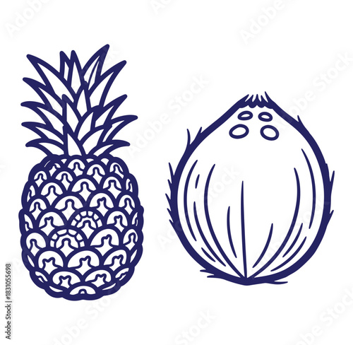Simple vector illustration of pineapple and coconut outlines in a monochromatic color scheme