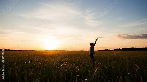 Silhouette of a person raising their arm in a field at sunset, celebrating freedom and success.