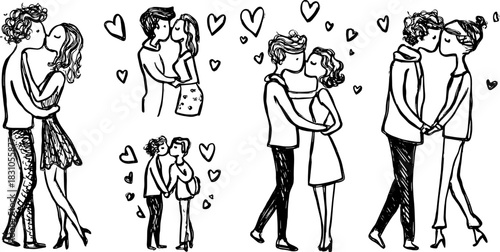 Set of hand-drawn silhouettes illustrating couples in love. Black outline drawings capture different romantic poses, ideal for vector illustrations.