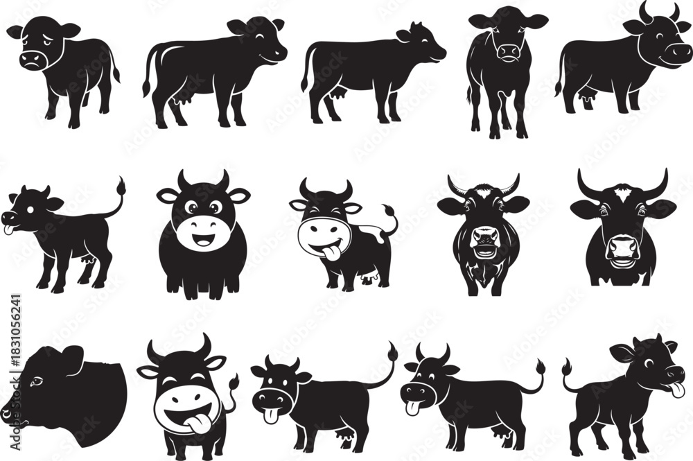 Obraz premium Collection of black and white cow silhouettes