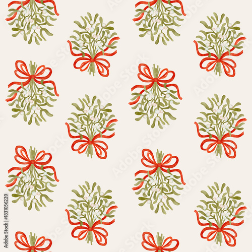 Watercolor digital illustration omela mistletoe pattern  on light background
