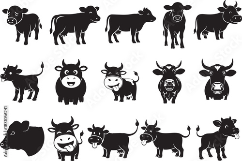Collection of black and white cow silhouettes