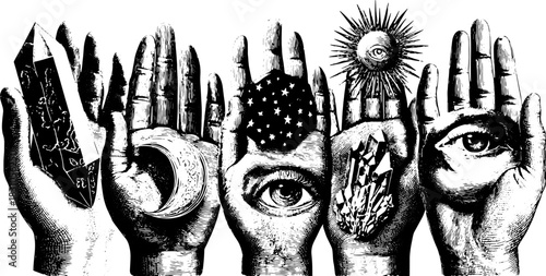 Hands holding mystical symbols: crystal, eye, moon, and stars. Detailed vector illustration set showcasing spiritual themes.