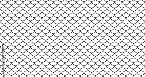 Seamless fish scale pattern with geometric lines. Vector texture featuring dragon skin ornament in black and white. Perfect for fabric, or wallpaper designs.