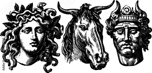 Mythical character heads: Medusa, horse, and god in black and white. Vintage vector illustration set with detailed profile representation.