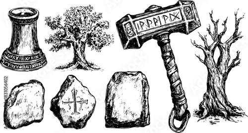 Hammer and tree icon set in black and white. Ancient stone and wood illustrations featuring elements of mythology in a vector illustration format.
