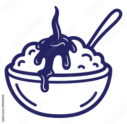 Vector illustration of oatmeal porridge with syrup and spoon in a decorative bowl for food concepts