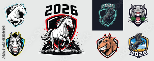 Dynamic collection of aggressive horse and donkey mascot logos and emblems for the year 2026 sports teams or gaming.