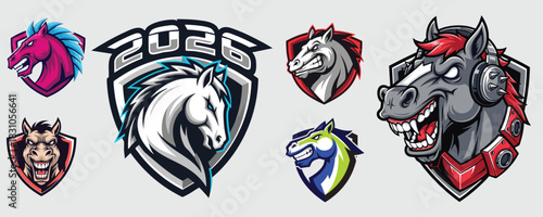 Collection of futuristic, aggressive horse, and equine head mascot logos for e-sports teams celebrating the year 2026.