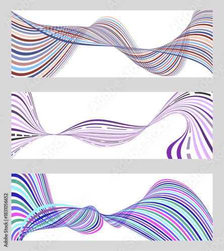 Wavy lines or ribbons. Set of 3 backgrounds. Multicolored striped gradient. Creative unusual background with abstract wavy lines