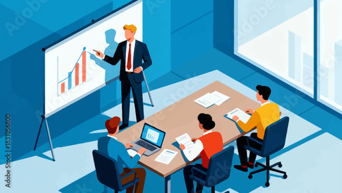 This isometric illustration shows a business professional presenting data to a group of colleagues taking notes in a conference room, capturing a corporate meeting focused on strategy and analysis.