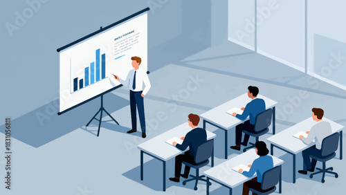 This isometric illustration shows a business professional presenting data to a group of colleagues taking notes in a conference room, capturing a corporate meeting focused on strategy and analysis.